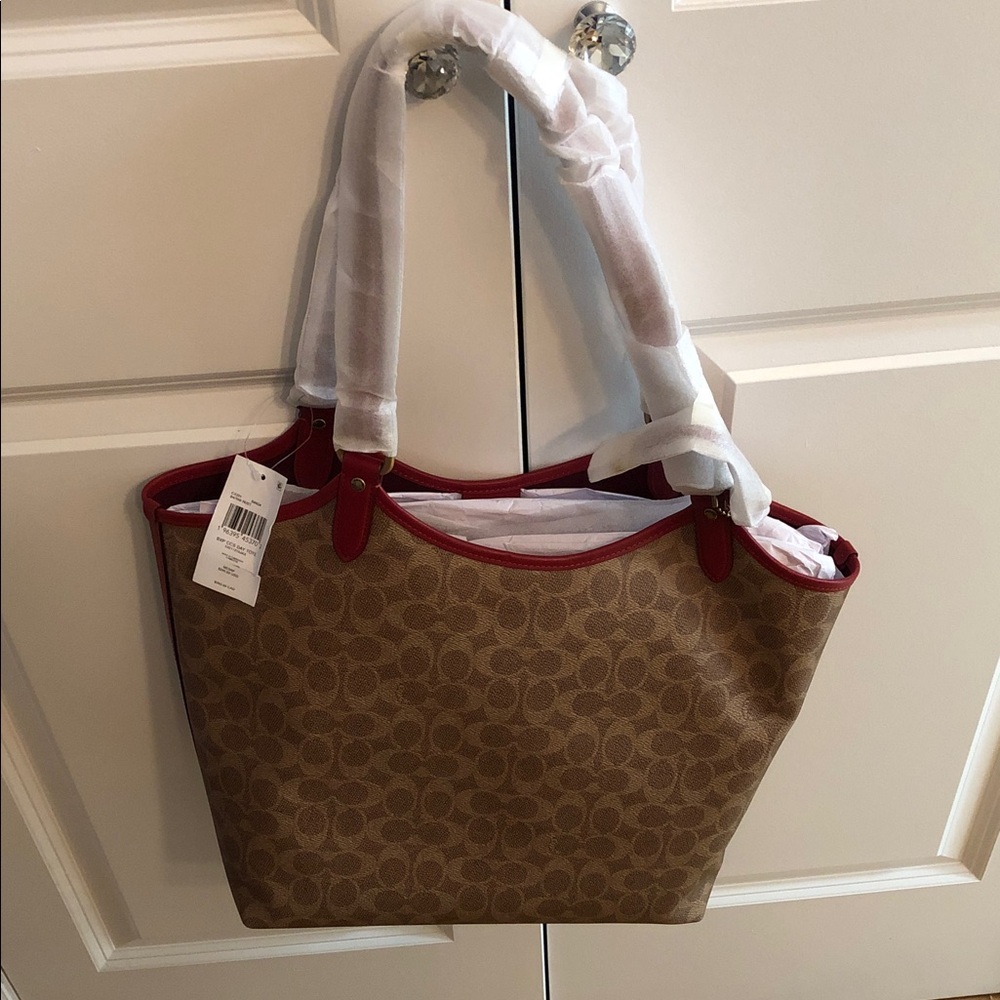 Coach - Brand New!  Brown Tote Bag with Red Trim